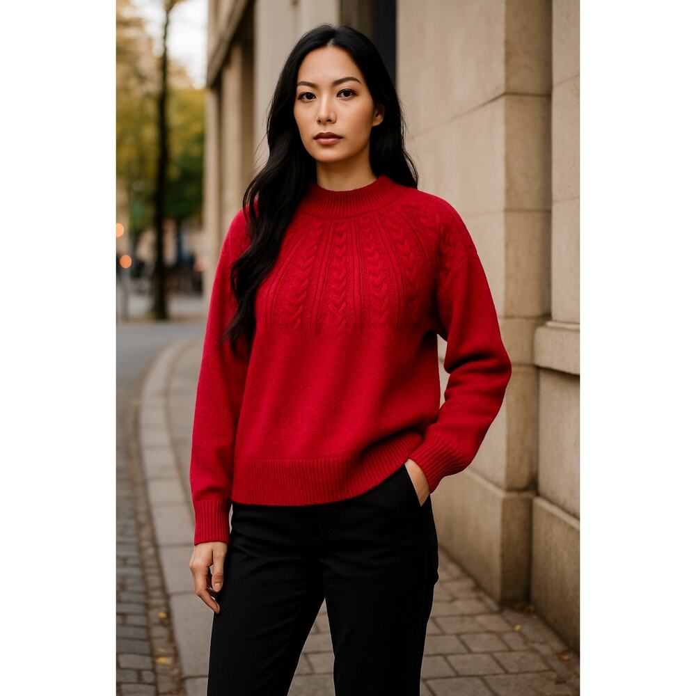 Joie Mock Neck Cable knit Pullover Sweater Long Sleeve Raspberry Red Size S NWOT - Picture 5 of 13